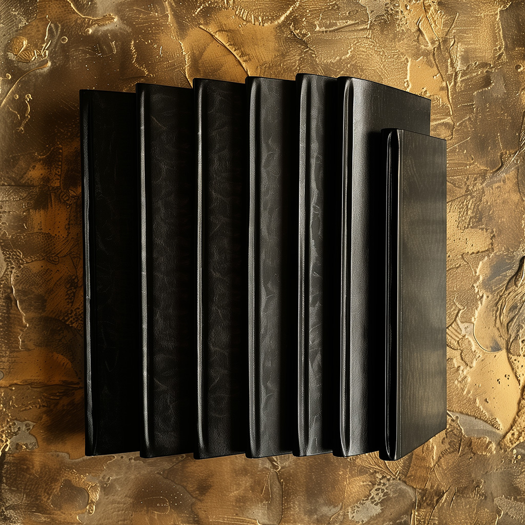 Several black notebooks on a gold background